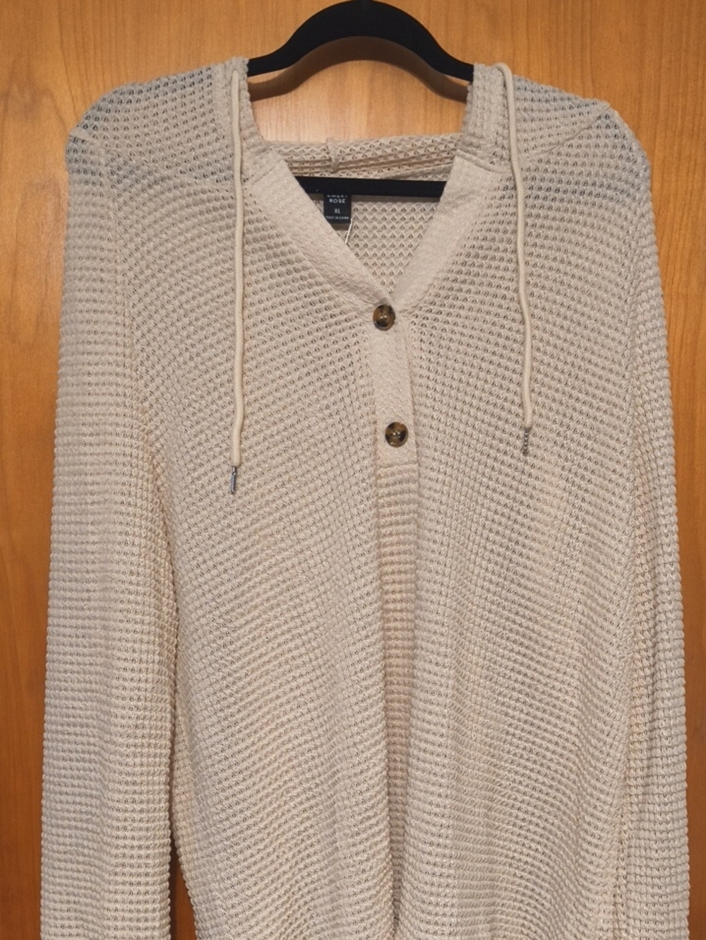 Cream Waffle-Knit Hooded Button Cardigan